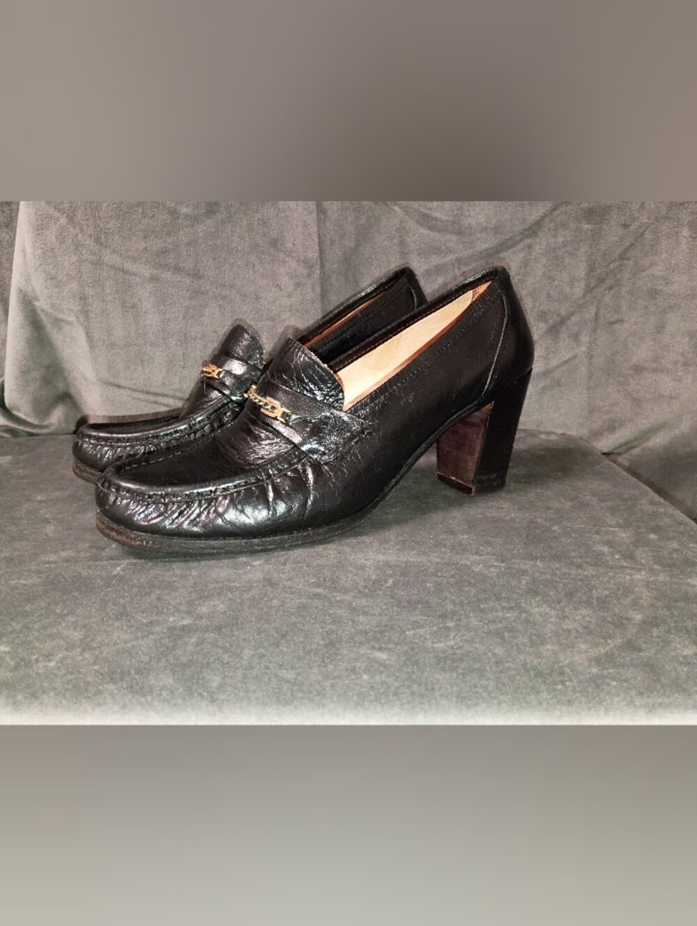 Vintage Cecil Made In Italy Black Leather Block Heel Loafers Size 40 (US Size 9)